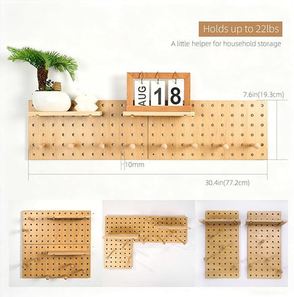 Pegboard Organization Set 2-Pack Beige Wooden Pegboards with Shelves & Hooks | Creative Display & Storage Solution for Home, Office, Bathroom
