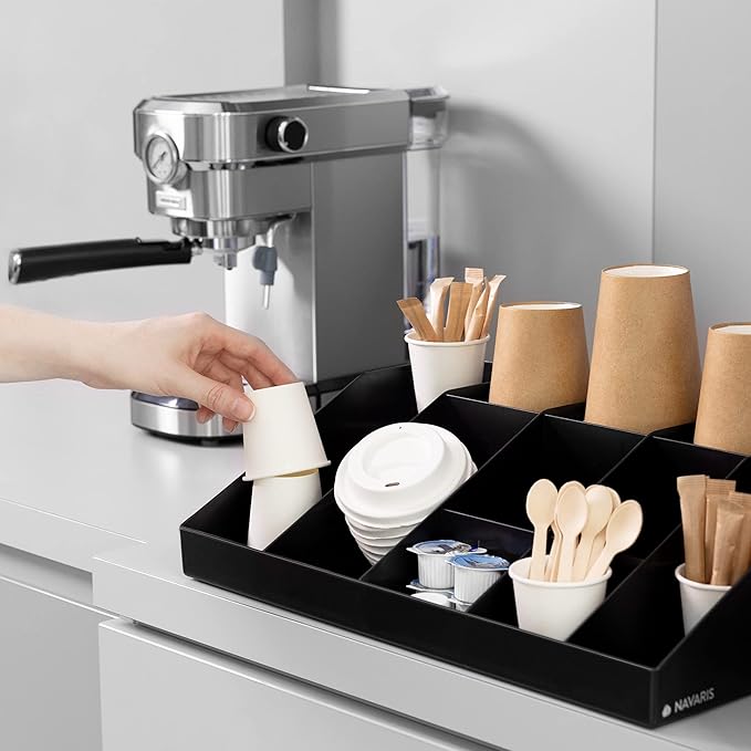 Navaris Coffee Station Organiser - 10 Compartment Coffee Bar Organiser for Office & Kitchen - Black
