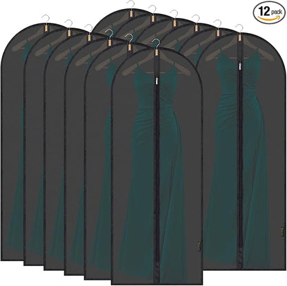 BALEINE 60'' Translucent Garment Bags, 12 Packs PEVA Dress Bag for Closet Clothes Dresses Suit Coats Storage (Black, 12PK)