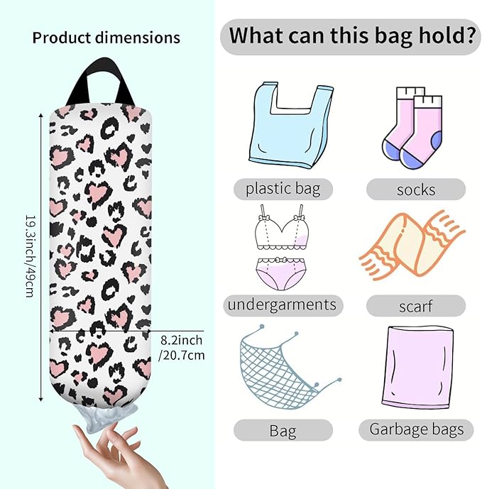 Plastic Bag Holder, Wall Mount Grocery Bag Organizer, Funny Hanging Trash Bag Storage Dispenser for Home Kitchen Cute Heart Leopard