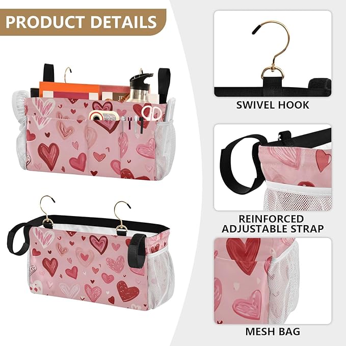 CuwrYet Bedside Caddy Hanging Bunk Bed Caddy Bed Organizer Hanging Pocket with 2 Hooks Bedside Storage Organizer Pocket Bag Holder Pink Cute Hearts