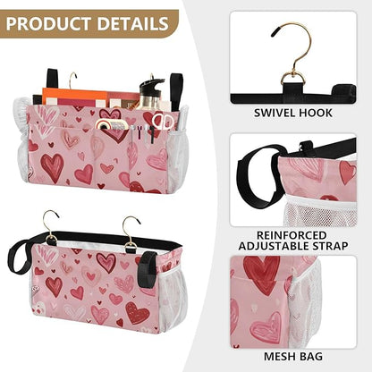 CuwrYet Bedside Caddy Hanging Bunk Bed Caddy Bed Organizer Hanging Pocket with 2 Hooks Bedside Storage Organizer Pocket Bag Holder Pink Cute Hearts