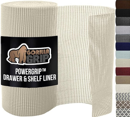 GORILLA GRIP powerGRIP Drawer Shelf and Cabinet Liner, Thick Strong Hold, Non-Adhesive Liners Protect Kitchen Cabinets and Cupboard, Bathroom Drawers, Easy Install, Breathable Mat, 17.5" x10', Cream