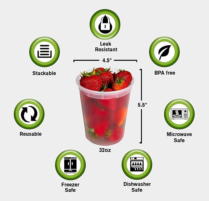 Deli Food Storage Containers with Lids 24 Sets 32oz - Clear Disposable Meal Prep, Microwave Plastic Containers with Lids, BPA Free, Stackable, Leakproof, Reusable Deli Containers, Freezer Safe