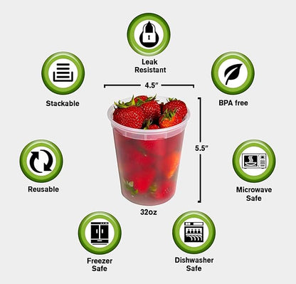 Deli Food Storage Containers with Lids 24 Sets 32oz - Clear Disposable Meal Prep, Microwave Plastic Containers with Lids, BPA Free, Stackable, Leakproof, Reusable Deli Containers, Freezer Safe