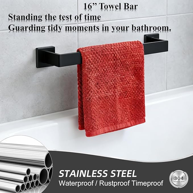 10 Pieces Bathroom Accessories Towel Bar SUS304 Stainless Steel Matte Black Towel Holder Wall Mounted Heavy Duty Towel Rack Bathroom Towel Rod Modern Square Base Design(10, Matte Black, 16 Inch)