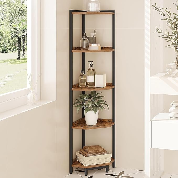 Corner Shelf Stand, Corner Bookshelf, Storage Standing Shelf Unit with Metal Frame, Plant Stand, Corner Bookcase for Living Room, Home Office, Bedroom, 5-Tier Rustic Brown CS05901B