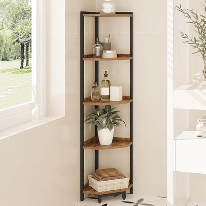 Corner Shelf Stand, Corner Bookshelf, Storage Standing Shelf Unit with Metal Frame, Plant Stand, Corner Bookcase for Living Room, Home Office, Bedroom, 5-Tier Rustic Brown CS05901B