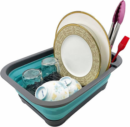 SAMMART 7.3L (1.9 Gallon) Collapsible Dish Drainer with Drainer Board - Foldable Drying Rack Set - Portable Dinnerware Organizer-Space Saving (Alloy Grey + Crystal Blue (Set of 2))