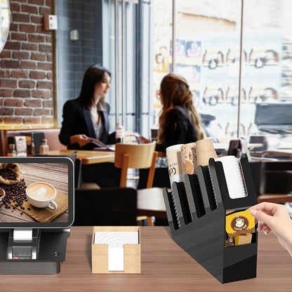 WINFFOR 4-Compartment Disposable Cup Holder - Cup and Lid Holder with Straw Organizer Black Acrylic Cup Dispenser with Coffee Pod Storage for Coffee Station Bar Countertop Restaurant Breakroom