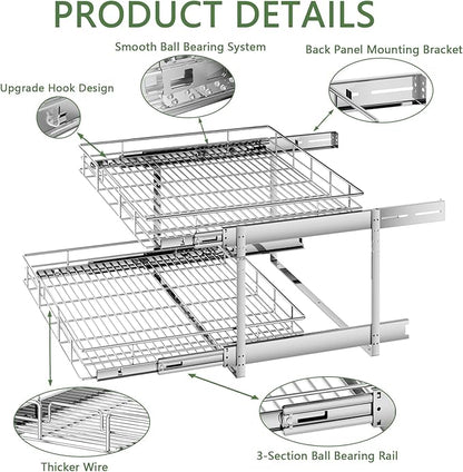 2 Tier Individual Pull Out Cabinet Organizer 25½" W x 21½" D, Heavy Duty Cabinet Pull Out Shelves, Slide Out Drawers Organization for Kitchen Cabinets Bathroom