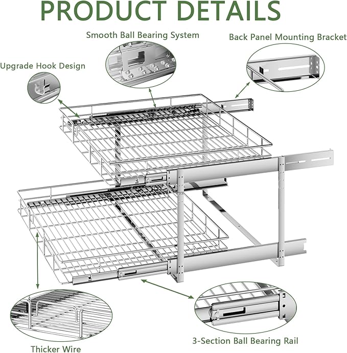 MODCART 2 Tier Individual Pull Out Cabinet Organizer 27" W x 21½" D, Heavy Duty Cabinet Pull Out Shelves, Slide Out Drawers Organization for Kitchen Cabinets Bathroom