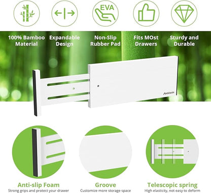 ANTOWIN 4 Pack Expandable Drawer Dividers, 4.7'' High, Extend from 12.2'' to 17.7'', Dresser Drawer Organizers, Bamboo Separators for Kitchen, Bedroom, Office, Bathroom (White)