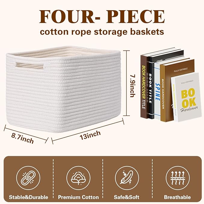 Storage Baskets for Organizing, 4 Pack Storage Baskets for Shelves, Woven Basket for Shelves, Closet Organization, Rectangle Organizer Basket Gifts Empty, 13"Lx8.7"Wx7.9"H Decorative Bins with Handles