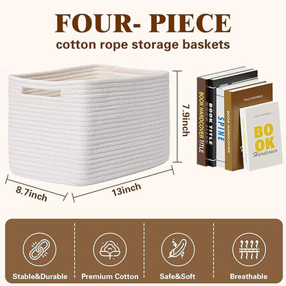 Storage Baskets for Organizing, 4 Pack Storage Baskets for Shelves, Woven Basket for Shelves, Closet Organization, Rectangle Organizer Basket Gifts Empty, 13"Lx8.7"Wx7.9"H Decorative Bins with Handles
