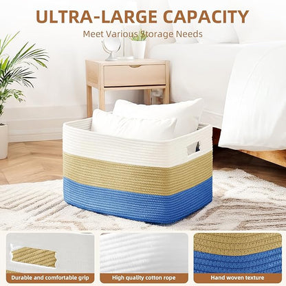 Cotton Rope Basket,Large Blanket Basket for Living Room,Woven cotton rope laundry baskets，For Bathroom Dirty Clothes ，Nursery Toys，pillow storage organization, 72L，white and dark blue.