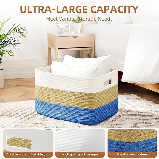 Cotton Rope Basket,Large Blanket Basket for Living Room,Woven cotton rope laundry baskets，For Bathroom Dirty Clothes ，Nursery Toys，pillow storage organization, 72L，white and dark blue.