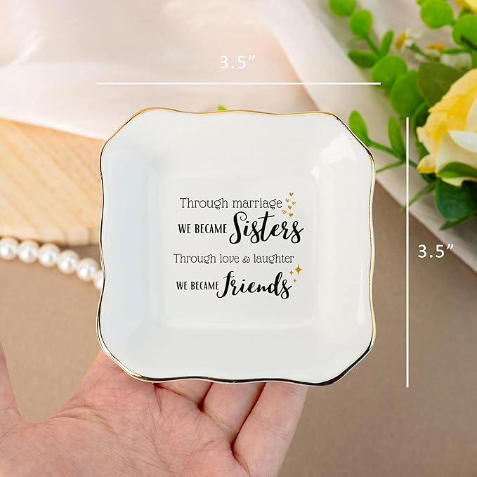 HatafaFurni Gifts for Sister In Law - Through Marriage We Became Sisters - Wedding Gifts, Christmas, Thanksgiving, Birthday Gift for Sister-in-law - Jewelry Dish, Ceramic Ring Dish, white, mil01