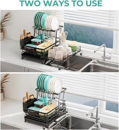 HANLE 2 Tier Dish Drying Rack - Large Extendable Dish Rack, 2-in-1 Anti-Rust Stainless Steel Dishrack for Kitchen Counter and Sink, Dish Strainer with Utensil Holder & Cup Holder(Black)