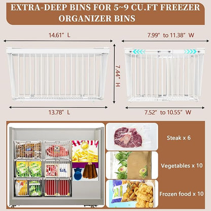 ANJUBAN Large Freezer Organizer Bins，Upgraded Bottom Leak-Proof net，Fit 5 to 9 Cu Ft Chest Freezer，5 Pack， Expandable Stackable Chest Freezer Containers with Handle (White-5P)