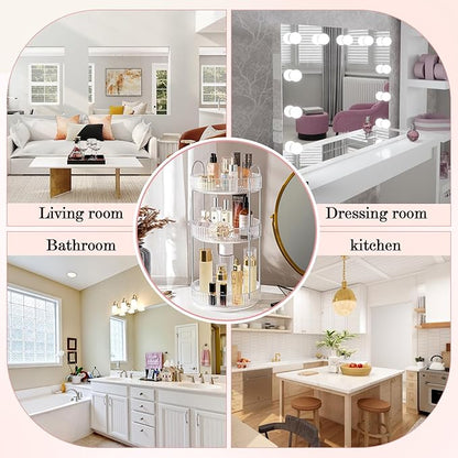 ALUYUYO 360° Rotating Makeup Organizer for Vanity, Spinning Cosmetics Organizer Holder Rack, Large Capacity Bathroom Organizer Countertop, Fits Perfume, SkinCare, Makeup Brushes 3 Tiers, Transparent