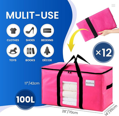 TAILI 12 Pack Pink Extra Large Moving Bags, Heavy Duty Totes with Visible Window, Wrap Around Handles, Space-Saving Storage Solution, Alternative to Moving Boxes