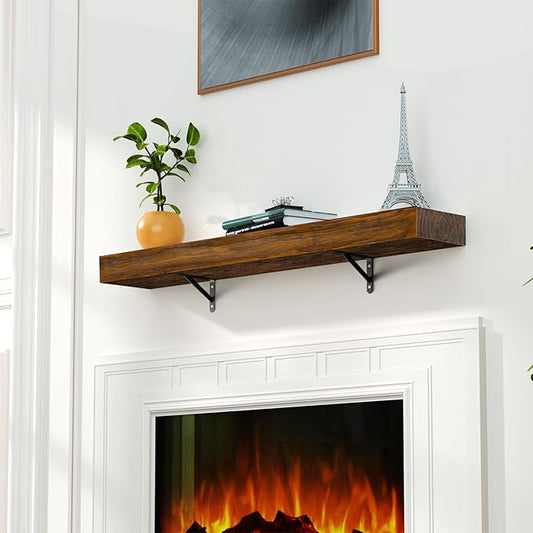 ROOMTEC Fireplace Mantel, Wood Fireplace Shelves with L-Shaped Brackets,Wall Mounted Wooden Shelving,Handcrafted Wood Brack,Mantels Over Fireplace, 48" x 8" x 3"-Dark Chocolate