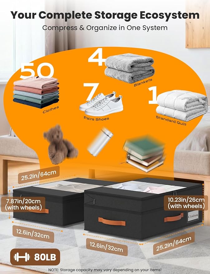 TOSKING Under Bed Storage with Wheels (2 Pack), Adjustable Height 7.9"-10.2", 6 Vacuum Bags, Expandable Rolling Underbed Bins, 600D Oxford Fabric, Drawer Organizer for Clothes, Shoes, Toys, Black