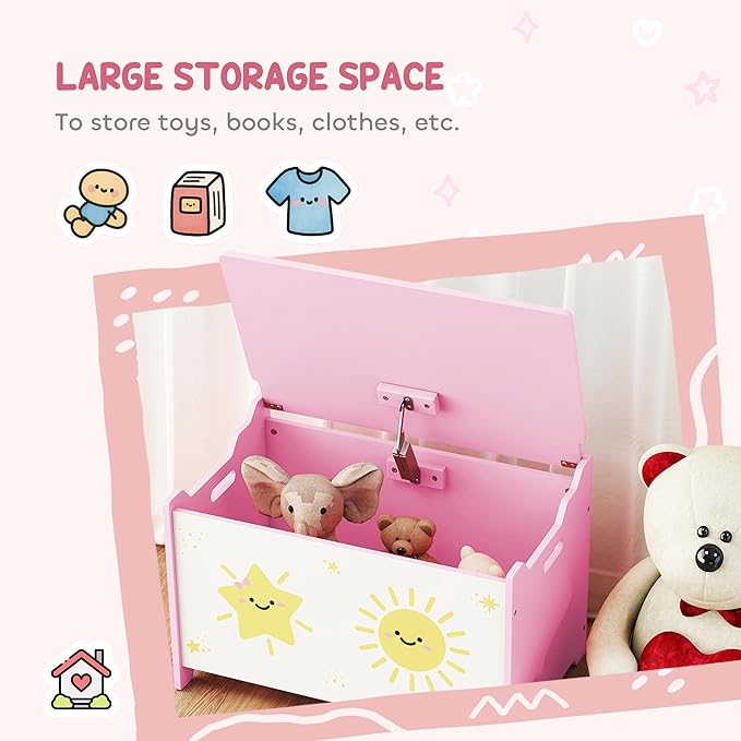 Qaba Toy Box with Lid, Toy Chest with Safety Hinges for Kids Boys Girls, Storage Organizer for Living Room, Playroom, Nursery, Bedroom, 24" L x 15" W x 15" H, Pink