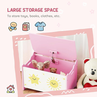 Qaba Toy Box with Lid, Toy Chest with Safety Hinges for Kids Boys Girls, Storage Organizer for Living Room, Playroom, Nursery, Bedroom, 24" L x 15" W x 15" H, Pink