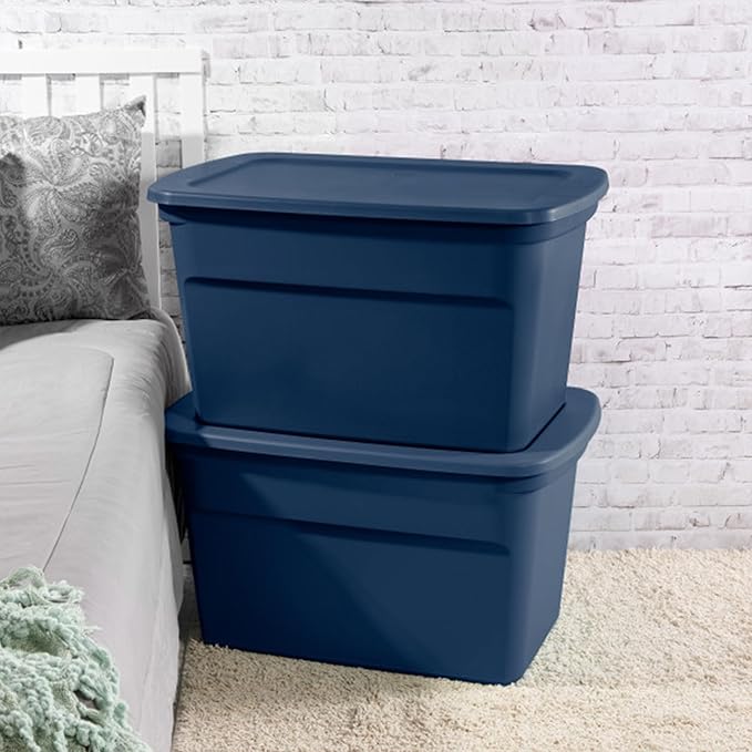 Sterilite 24-Pack Tote, Plastic Storage Bins with Snap Lids, 30 Gallon, Marine Blue - Stackable Home Organizers with In-Molded Handles for Bedroom, Garage, Basement and Attic