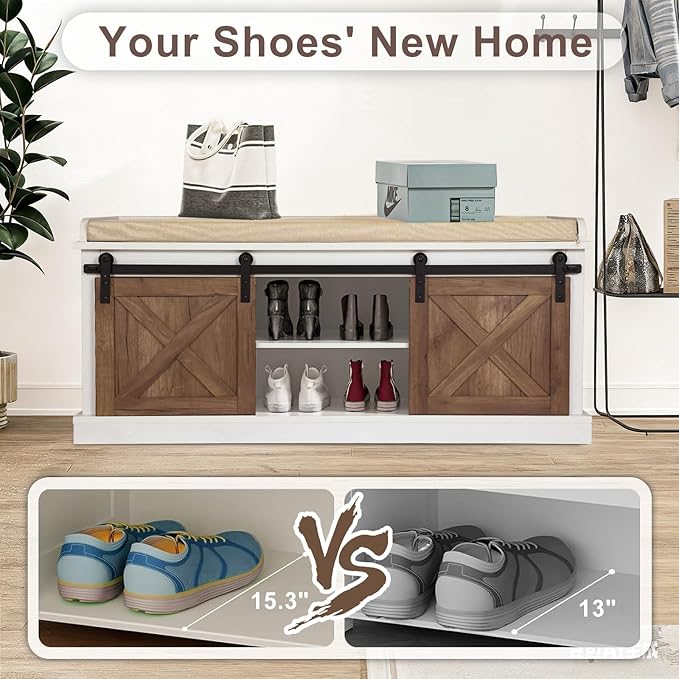 2-Tier Shoe Storage Bench,43" Wooden Shoe Cabinet with Sliding Doors,Length Shoe Bench with Adjustable Shelves,Storage Bench for Entryway,Hallway,Bedroom
