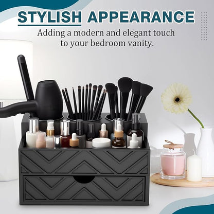 AceOrbit Hair Tool Organizer with Drawer, Hair and Makeup Bathroom Vanity Organizers and Storage Fits Blow Dryer, Curling Iron, Makeup Brushes, Skincare, Hot Tools Organizer for Tidy Counter(Black)