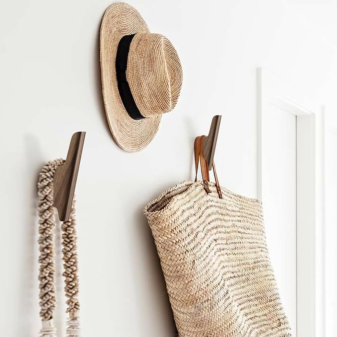 Wood Wall Hooks 4 Pack Coat Hooks Wall Mount Walnut Wooden Hooks for Hanging Hat, Bag, Backpack, Rustic Coat Hooks for Wall, Wood Towel Hooks for Bathrooms and Entryway Hooks (Walnut, Light)