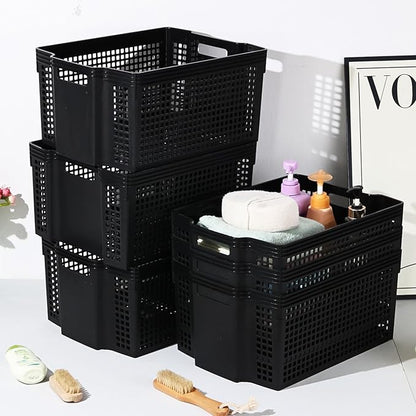 6-Pack Plastic Stackable Baskets, Stacking Plastic Storage Basket, Black
