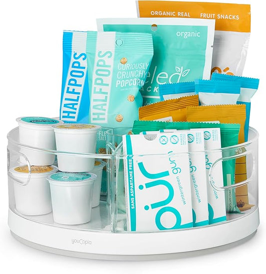 YouCopia Crazy Susan Lazy Susan Organizer, 3 BPA-Free Removable Clear Bins with Handles, Rotating Storage Turntable for Kitchen Cabinet, Pantry and Bathroom Organization