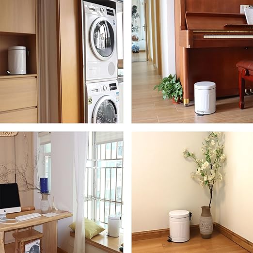 5 L Round Step Pet Trash with Lid,Mini Metal Pedal Bin,Small Garbage Can Wastebasket for Home,Car or Office，White