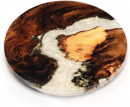 Handmade Reversible 16" Wood and Epoxy Resin Lazy Susan, Turntable for Kitchen Countertop, Rotating Display Stand, Organizer and Storage for Dining Table, Cup Board, Home Decor (Cream/Yellow)