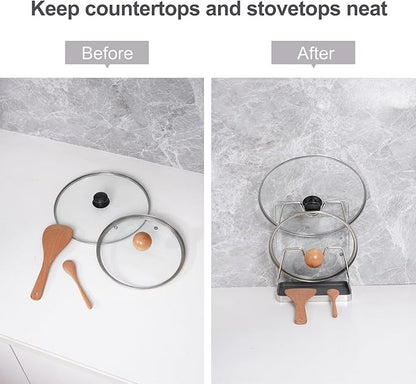 XCCK Pot Lid Holder While Cooking, Kitchen Pot Lid Storage Rack for stove top, Multifunctional Kitchen Pot Lid Organizer for Countertop (Iron,Dark Grey)