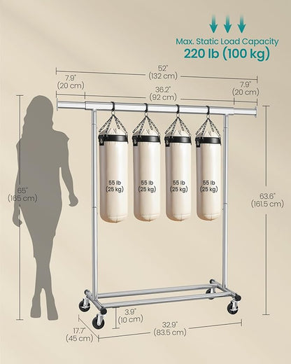 SONGMICS Clothes Rack with Wheels, Heavy-Duty Clothing Rack for Hanging Clothes, Portable, 17.7 x (36.2-52) x 63.6 Inches, with Extendable Rail, 220 lb Load Capacity, Silver UHSR13SV1