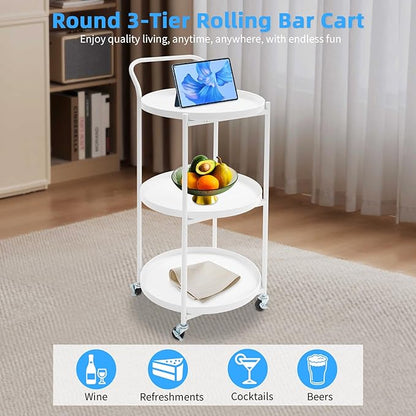 Round 3-Tier Rolling Bar Cart with Locking Wheels, Metal Serving Cart with Handle, 18" x 16" Mobile Organizer for Dining Room, Living Room, Bar (White)