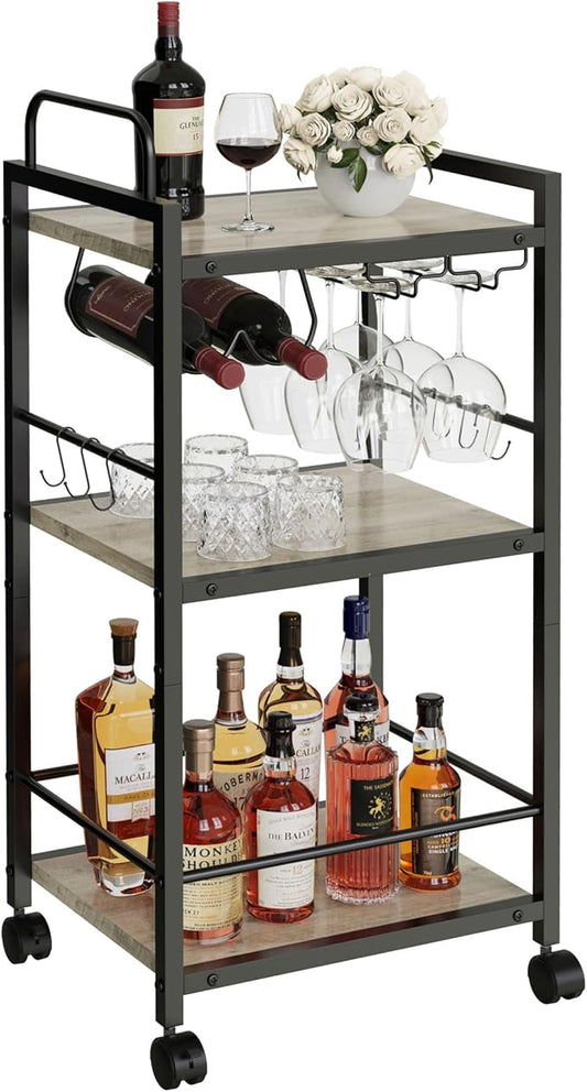 Bar Cart for The Home, 3 Tier Kitchen Carts with Wheels, Small Rolling Cart with Glass Holders, Wine Rack, Mini Bar Cart for Kitchen, Dining Room, Living Room, 13.0" D x 17.0" W x 33.8" H, Greige