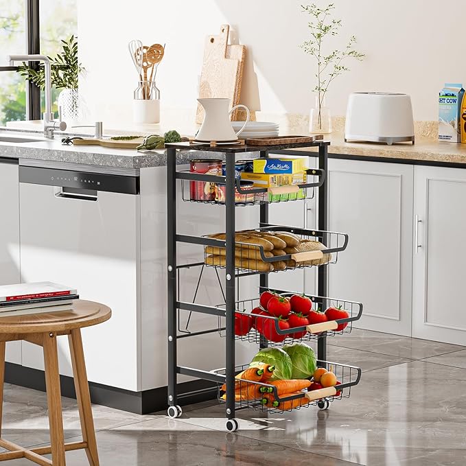 JAQ Fruit Basket for Kitchen, 5-Tier Slide Out Storage Baskets Carts Organizers Drawers with Wood Top Table with Rolling Wheels for Snacks Vegetables Vianderos para Cocina Modernos (Black, 5 Layer)