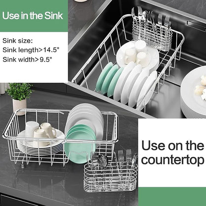 Fanbsy Small Dish Drainer Rack in Sink Adjustable, Expandable Stainless Steel Metal Dish Drying Rack Organizer with Stainless Steel Utensil Holder Over Inside Sink Counter, Rustproof(for 1-2 People)