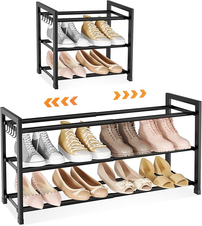 Adjustable 18"-33" Expandable Shoe Rack for Closet 12 Pairs Small Spaces 3 Tier Shoe Organizer with 5 Hooks Metal Shoe Shelf for Entryway, Bedroom