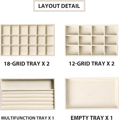 Frebeauty Jewelry Organizer Tray,Stackable Velvet Jewelry Trays,Drawer Inserts Earring Organizer For Women Jewelry Storage Display Case for Rings Stud Necklaces,Set of 6(Beige)