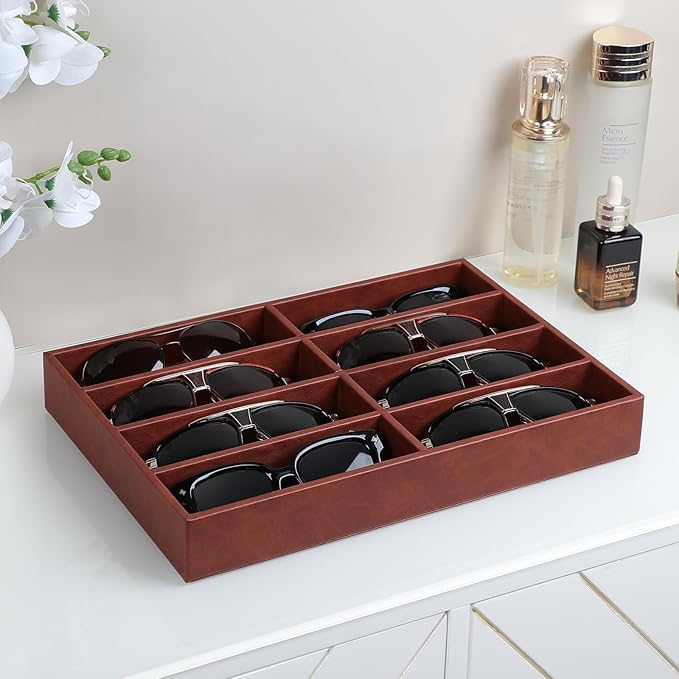 Cretkhp Sunglass Organizer Tray, PU Leather Sunglasses Organizer with 8 Grids for Drawer, Stackable Sunglass Holder Storage