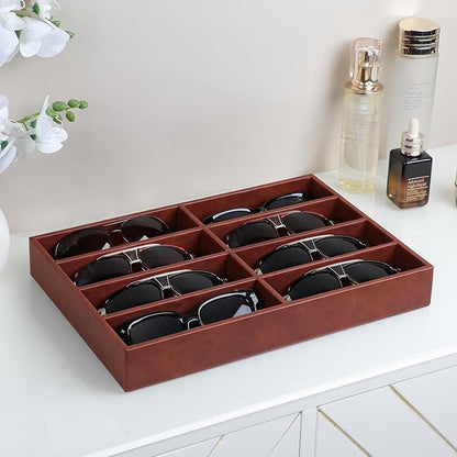 Cretkhp Sunglass Organizer Tray, PU Leather Sunglasses Organizer with 8 Grids for Drawer, Stackable Sunglass Holder Storage