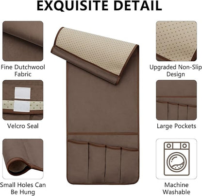WETRBWEH Remote Control Holder for Armchair, Couch Caddy Organizer TV Remote Holder for Bed Storage 5 Pockets, Remote Caddy Bedside Organizer Bedside Table Organizer (Brown, 35"x12.4")