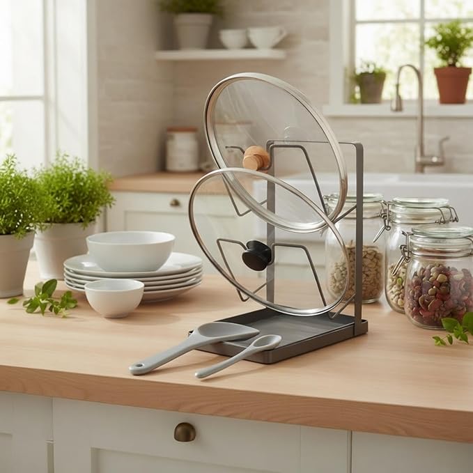 Fvellix 2 Tier Pot Lid Holder Rack for Kitchen Storage, Multifunctional Pan Lid Organizer for Countertop, Kitchen Spoon Rest with Lid Holder Rack for StoveTop（Silver